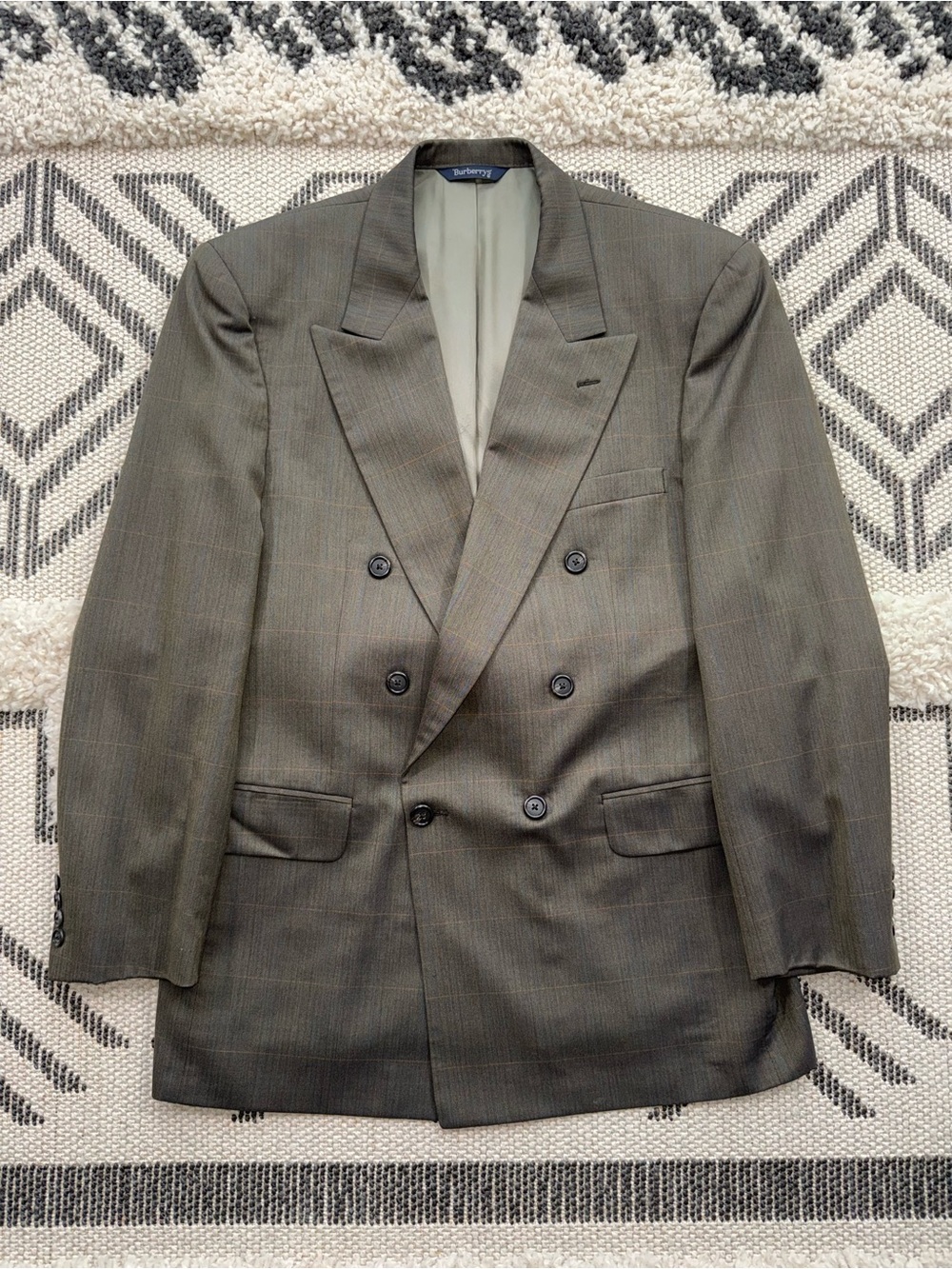 Men’s Vintage Burberry Green Plaid 100% Wool Double Breasted Jacket Size 44L